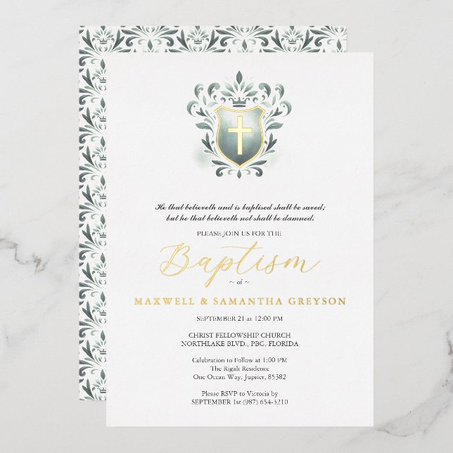 Twins Baptême Invitations Sage Green Crest (Recto/Verso)