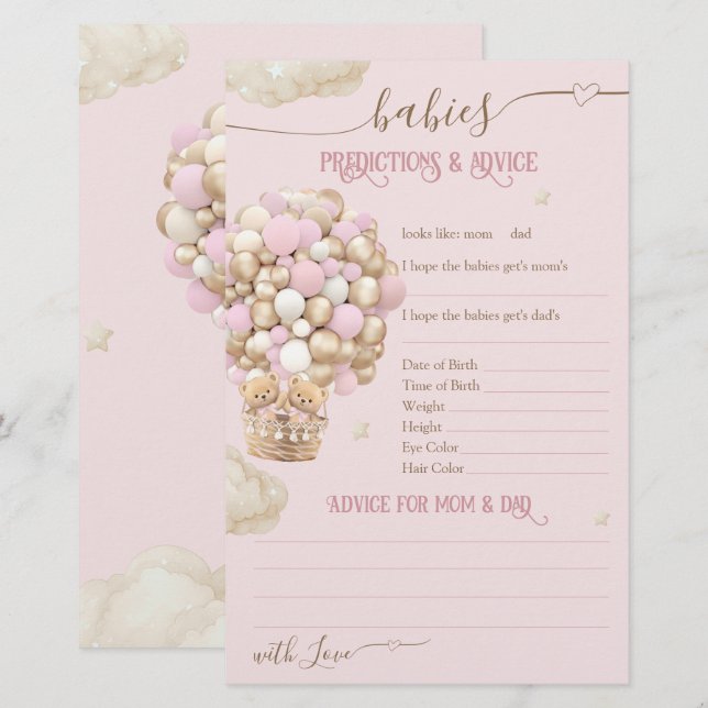 Twins Bear Balloons rose Bébé Fille Douche Jeu (Devant / Derrière)