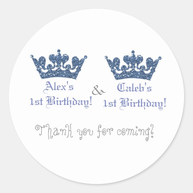Twins Blue Crowns Boys Royal Prince Party Sticker (Devant)