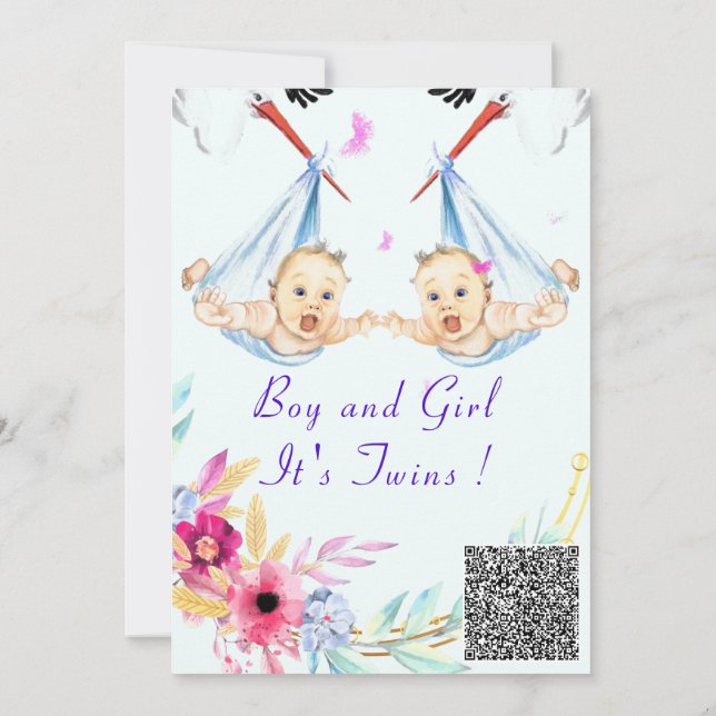 Twins Boy and Girl QR Code Baby shower Invitation (Dos)
