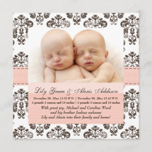 Twins Damask Baby Faire-part rose et Brown