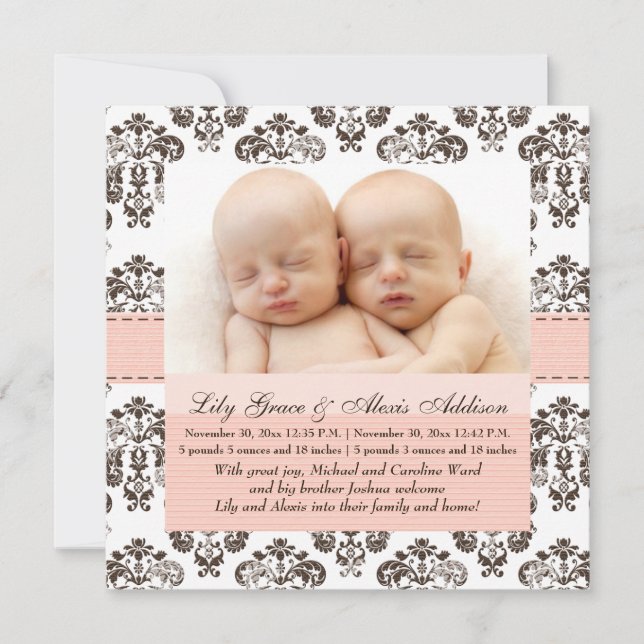 Twins Damask Baby Faire-part rose et Brown (Devant)