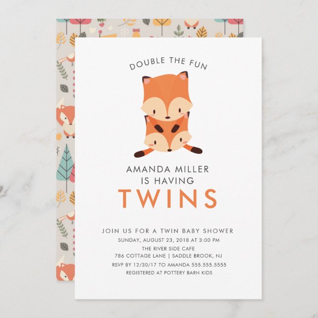 Twins Double le Fun Fox Baby Shower Invitations (Devant / Derrière)