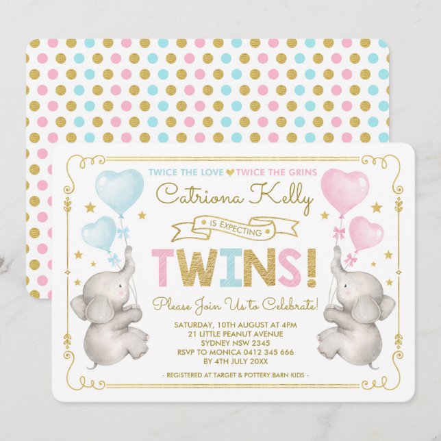 TWINS Elephant Baby shower bleu rose or Invitation (Devant / Derrière)