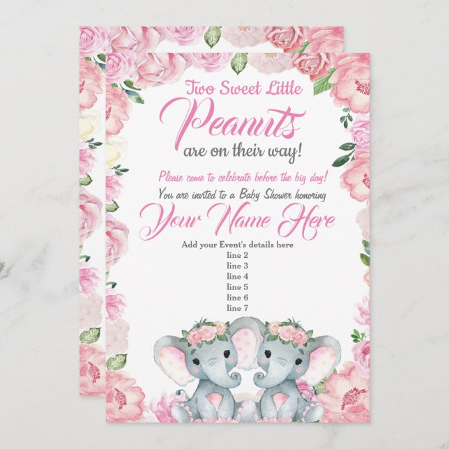 Twins Elephant Baby shower Invitation roses rose (Devant / Derrière)