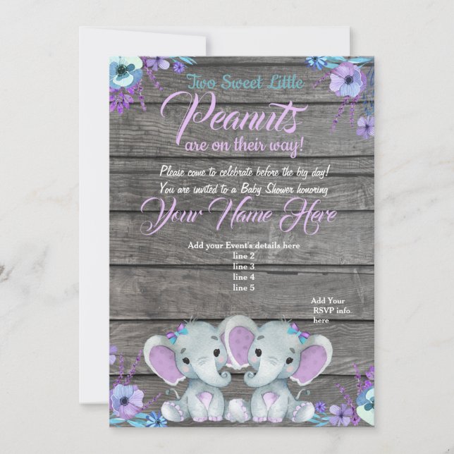 Twins Elephant Baby shower Invitation rustique, tu (Devant)