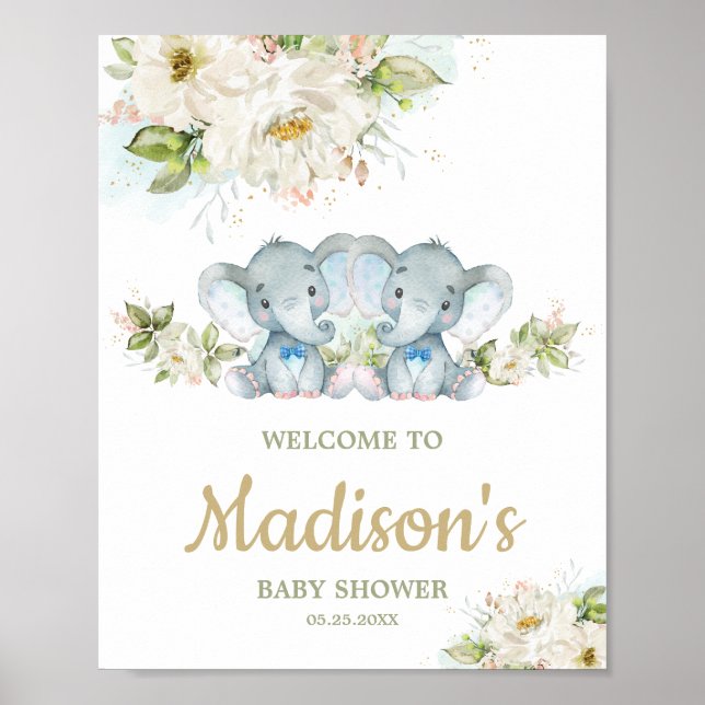 Twins Elephant Twin Boys Baby shower Affiche de bi (Devant)