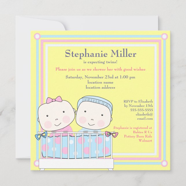 Twins en Crib, Girl and Boy Baby shower Invitation (Devant)