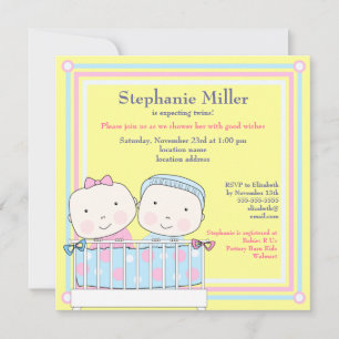 Twins en Crib, Girl and Boy Baby shower Invitation