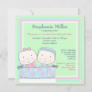 Twins en Crib, Girl and Boy Baby shower Invitation