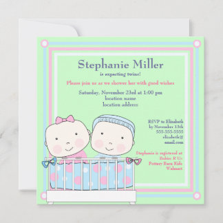 Twins en Crib, Girl and Boy Baby shower Invitation