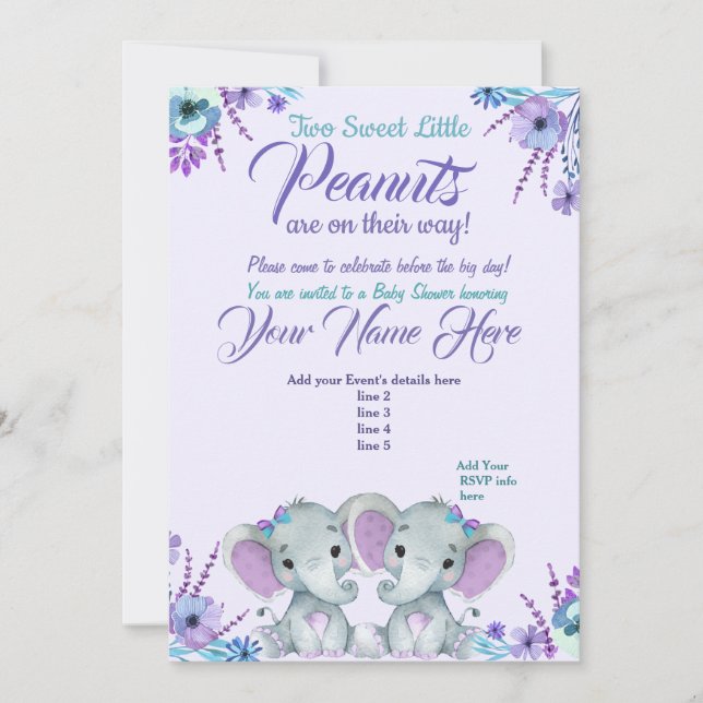 Twins Girl Elephants Baby shower Invitation Floral (Devant)