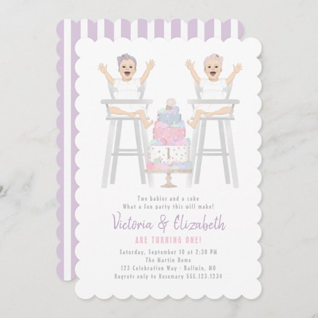 Twins Girls Birthday Smash Cake Invitation (Devant / Derrière)