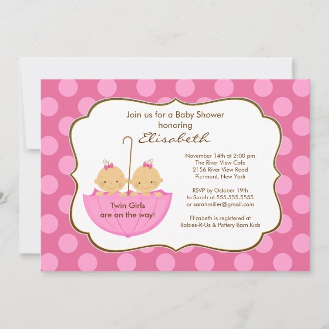 Twins Girls Umbrella Baby shower Invitation rose (Devant)