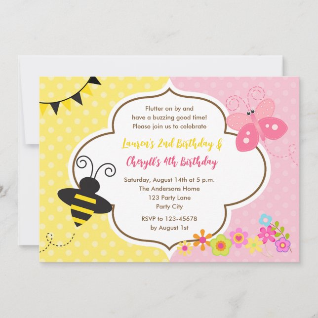 Twins Invitations Anniversaire Bee Butterfly Garde (Devant)