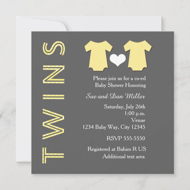 TWINS JAUNE Twin Baby shower Party Invitation (Devant)