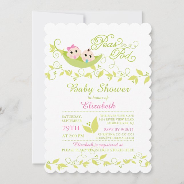 Twins Little Peas Girl Boy Baby shower Invitation (Devant)