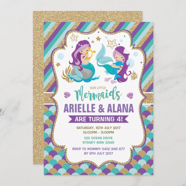 Twins Mermaid Anniversaire Invitation Filles Pool  (Devant / Derrière)