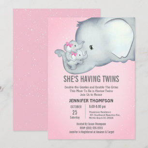 Twins Mommy Girls Pink Elephant Invitation