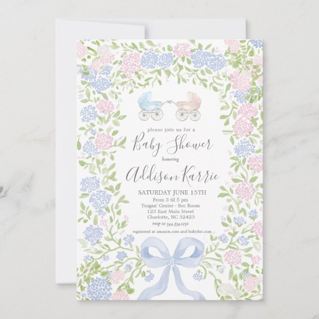 Twins shower, baby carriage shower invitation (Devant)