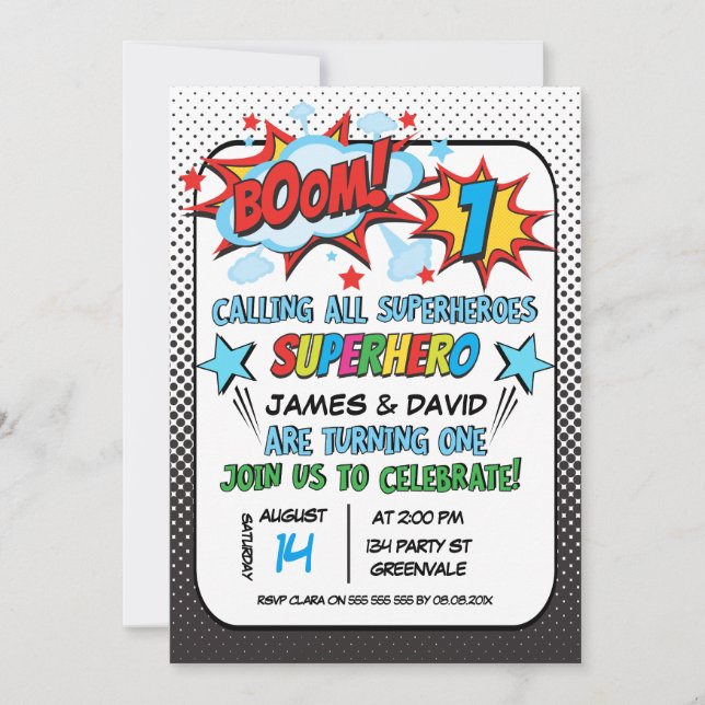Twins Superhero 1er anniversaire Invitation (Devant)