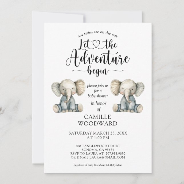 Twins Teddy Baby Elephants Baby shower Invitation (Devant)