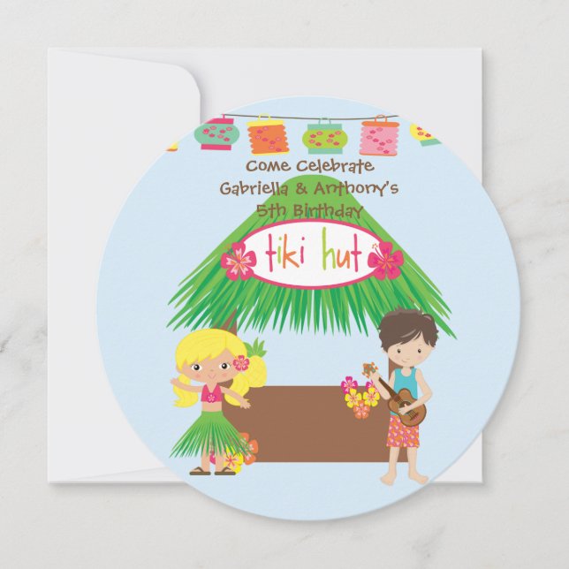 Twins Tiki Hut Round Luau Invitation Anniversaire (Devant)