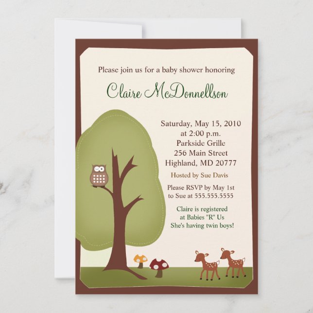 TWINS Woodland Forest 5x7 Baby shower Invitation (Devant)