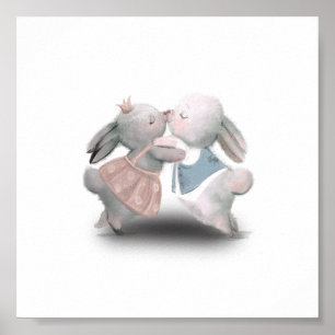 Two Cute Fluffy Pink and Blue Rabbits Poster