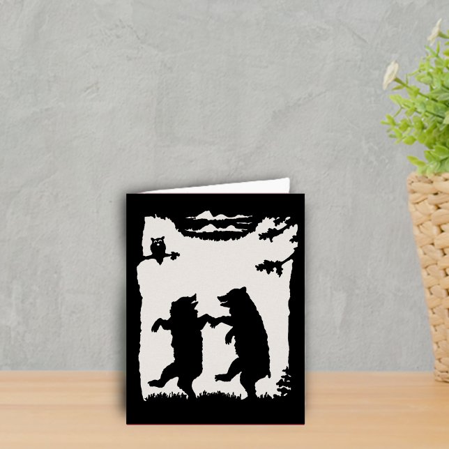 Two Happy Dancing Bears Owl Trees (Black silhouette on white two dancing bears in woods owl in tree on note card.)