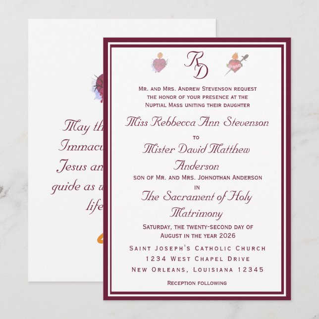 Two Hearts Burgundy Catholic Wedding Invitation (Devant / Derrière)