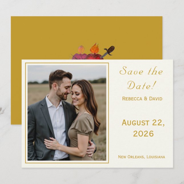 Two Hearts Catholic Flat Save The Date Card (Devant / Derrière)