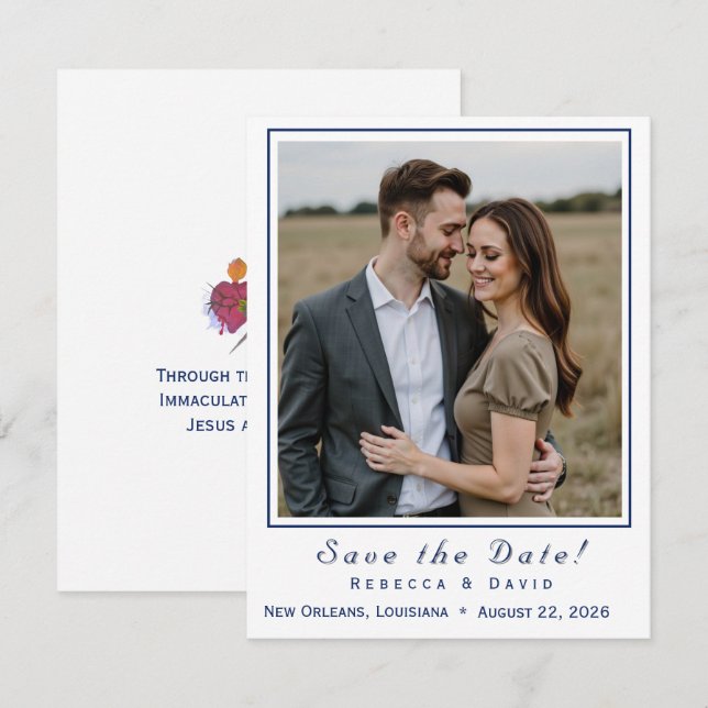 Two Hearts Catholic Flat Save The Date Card (Devant / Derrière)
