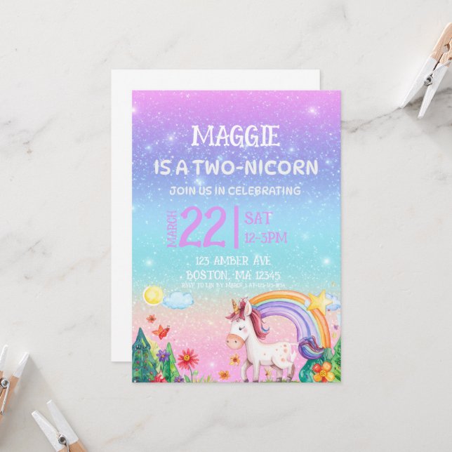 TWO-NICORN 2nd birthday invitation  (Devant/Arrière en situation)