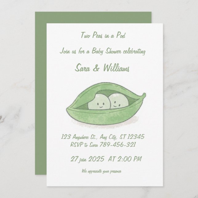 Two Peas In a Pod Twin Baby Shower Invitation (Devant / Derrière)