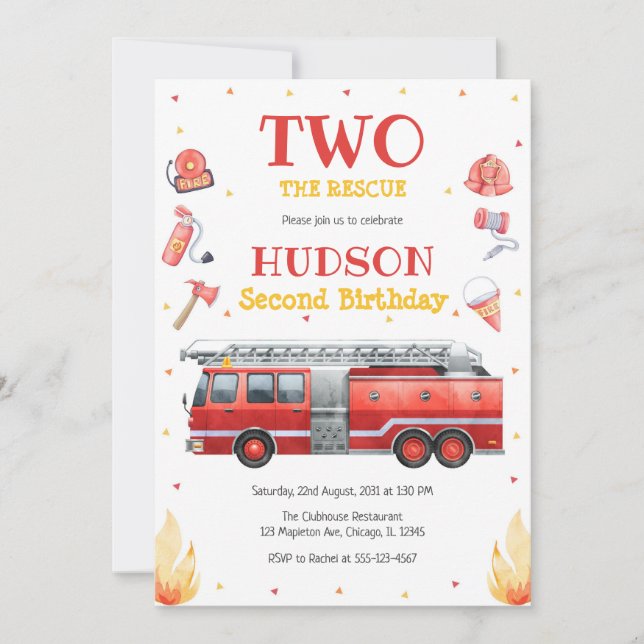 Two the Rescue Firetruck 2nd Birthday Invitation (Devant)