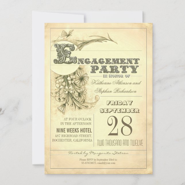 typographie antique invitation à la partie fiançai (Devant)