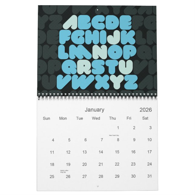 Typographie créative Calendrier des mois alphabéti (Jan 2026)