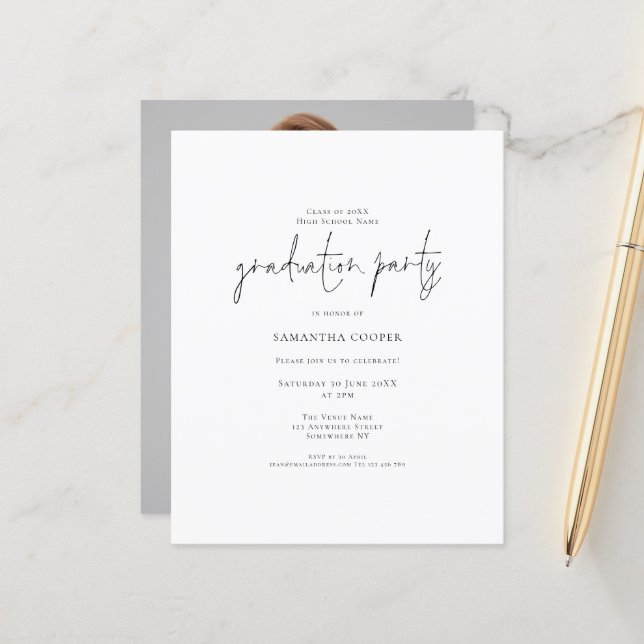 Typographie du budget Photo Grad Party Invitation (Devant/Arrière en situation)