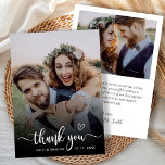 Typographie élégante 2 Mariage photo Carte de reme<br><div class="desc">Boho Heart Typographie moderne Mariage 2 Carte de remerciements photo. Mariage minimaliste élégant merci modèle avec une photo verticale complète sur le devant avec "Merci" superposé dans une calligraphie lettrée à la main écriture de script de queue d'élan superposition avec motif coeur d'amour en blanc sur l'image. À l'arrière une...</div>