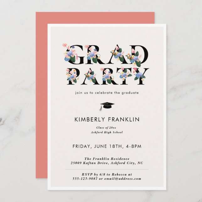 Typographie florale moderne GRAD PARTY Invitation (Devant / Derrière)