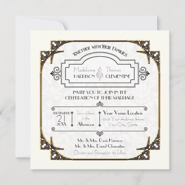 Typographie Gold Frame Art Déco Grand Invitation G (Devant)