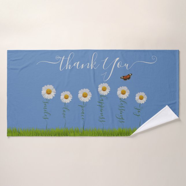 Typographie moderne de Merci Floral Blue Daisy (Serviette de bain)