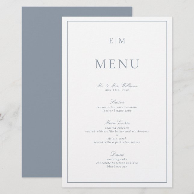 Typographie moderne Dusty Blue Monogram Menu Maria (Devant / Derrière)
