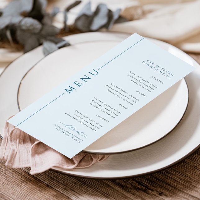 Typographie moderne Light Blue Bar Mitzvah Menu (Créateur téléchargé)