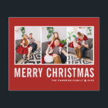 Typographie moderne Red Photo Collage Noël<br><div class="desc">Joyeux Noël! Envoyez vos souhaits chaleureux cette saison avec cette carte de Noël personnalisable de collage photo. Il présente une typographie simple avec un arrière - plan rouge. Personnalisez en ajoutant vos photos, noms, année et autres détails. Cette carte de Noël moderne est disponible en d'autres couleurs et en carton....</div>