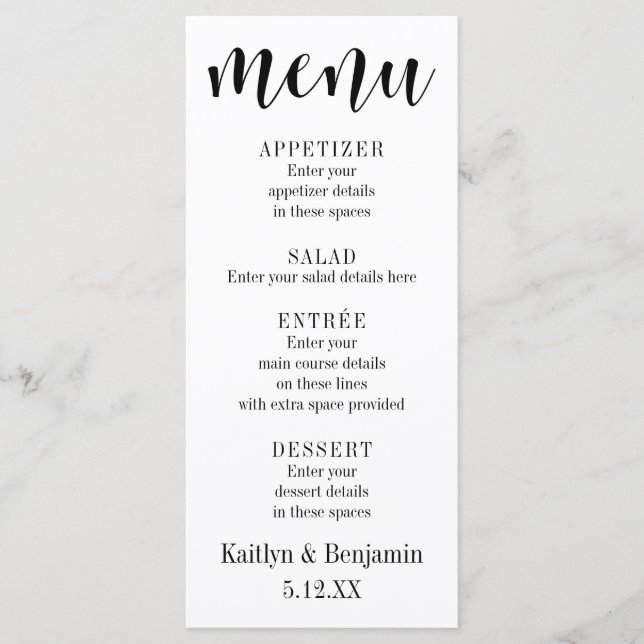 Typographie noire simple sur menu de mariage blanc (Devant)
