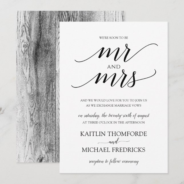 Typographie Rustique Bois Mariage Invitations Noir (Devant / Derrière)