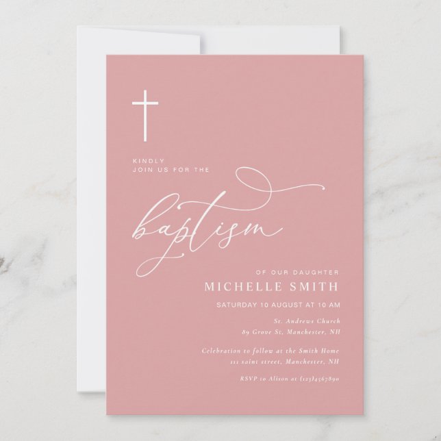 typographie simple dusté rose baptême invitation (Devant)