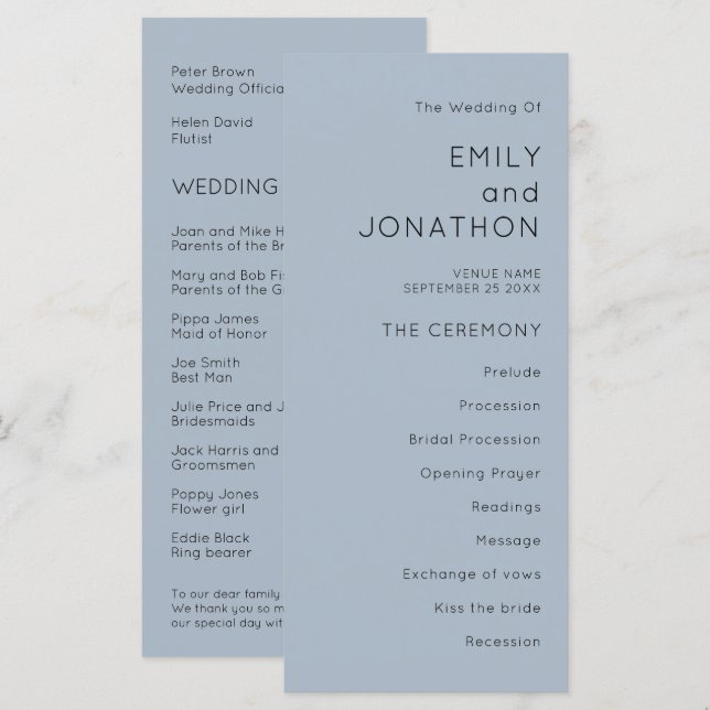 Typographie simple Dusty Blue Wedding Programme (Devant / Derrière)